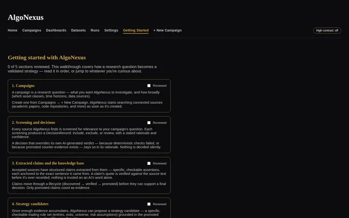 AlgoNexus getting-started page explaining campaigns, screening decisions and the claims knowledge base