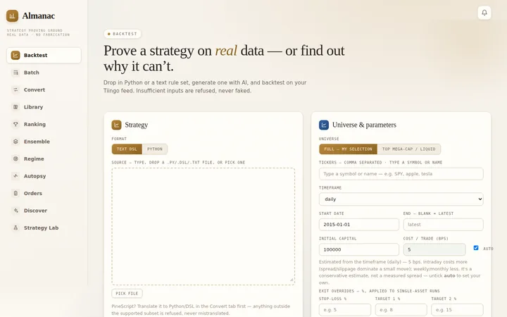 Almanac backtest form with strategy source and universe parameters