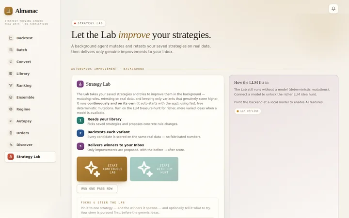 Almanac Strategy Lab screen with a three-step explanation and start controls