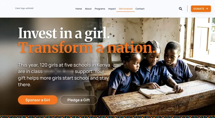 Donate page hero with a headline over a classroom photograph, with the organisation name masked in the body text