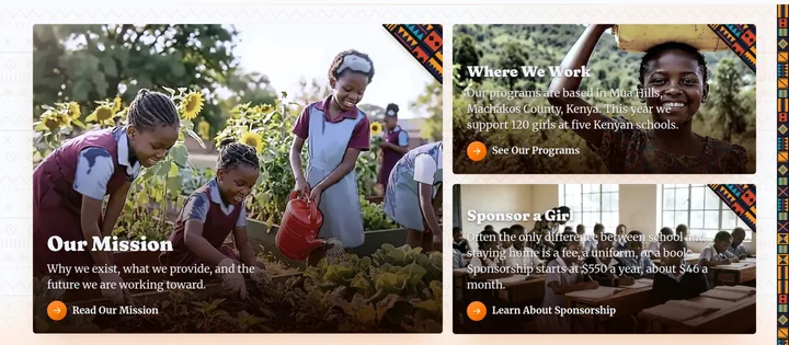 Three image cards linking to mission, where the organisation works, and sponsorship