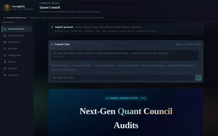 Audit council command centre with navigation, a status banner and a chat panel