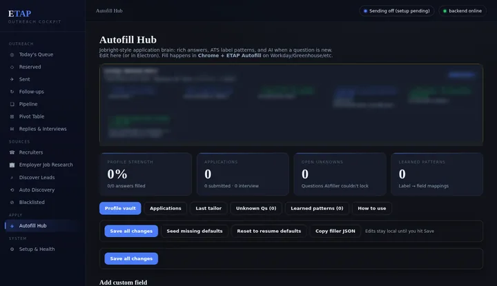 ETAP autofill hub with profile strength, applications and learned patterns counters