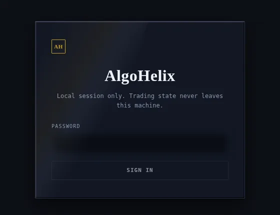 AlgoHelix sign-in panel stating that the session is local only