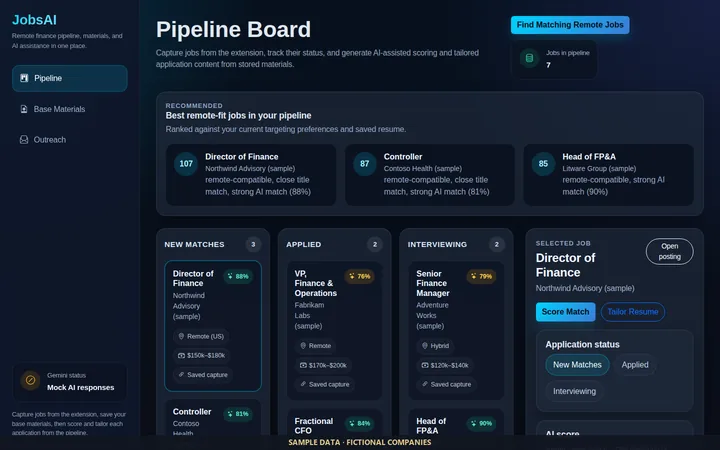 JobsAI pipeline board with recommended roles and columns for new matches, applied and interviewing
