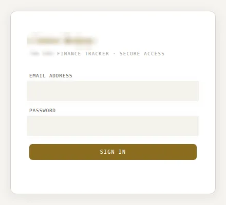 Sign-in screen of a finance tracker with the organization name and credentials masked