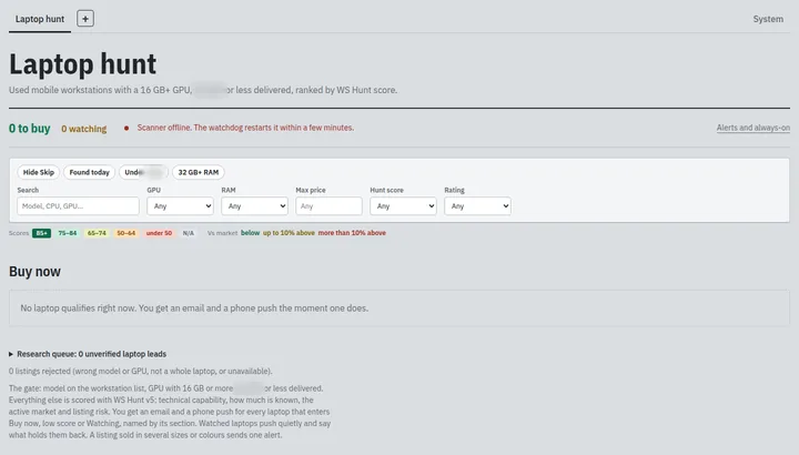 SmartShopper laptop hunt screen with filters, a score legend and an empty buy-now list