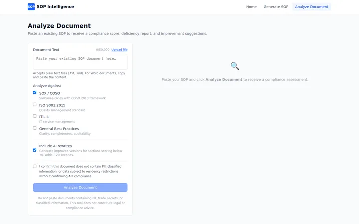 SOP Intelligence document analysis form with framework checkboxes and a no-PII confirmation