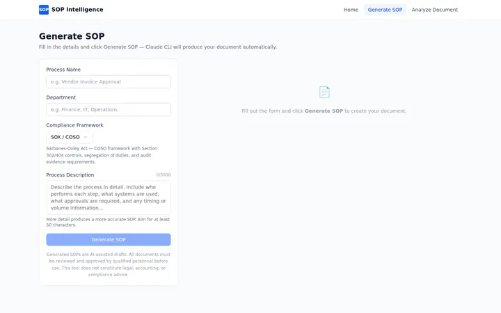 SOP Intelligence form with compliance framework selection