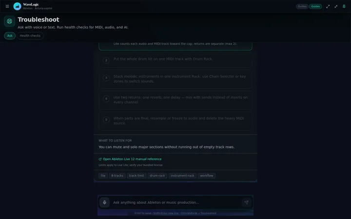 WaveLogic troubleshooting screen with step-by-step guidance and a question input