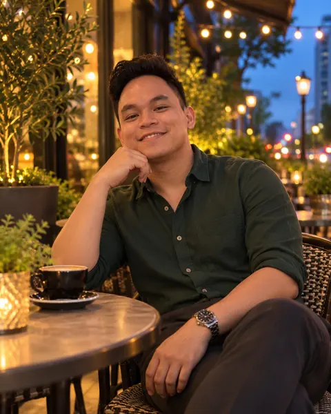Luiz smiling at an outdoor café table at dusk, string lights behind him